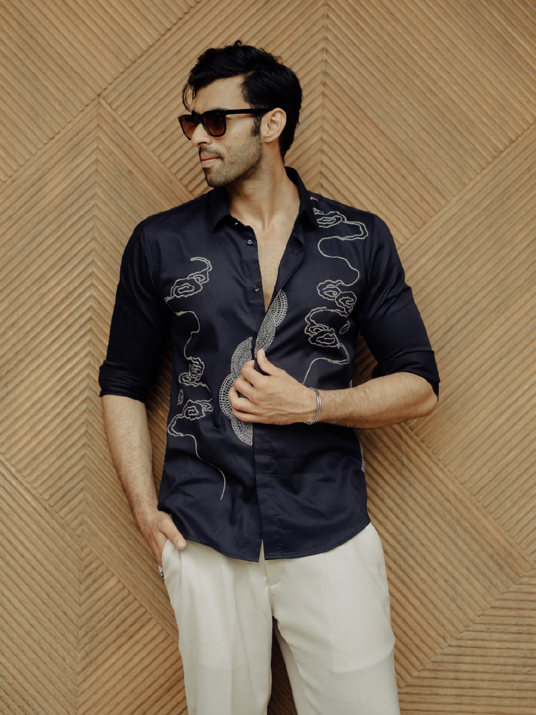 Navy Blue Embroidered Cotton Slim Fit Full Sleeve Shirt
