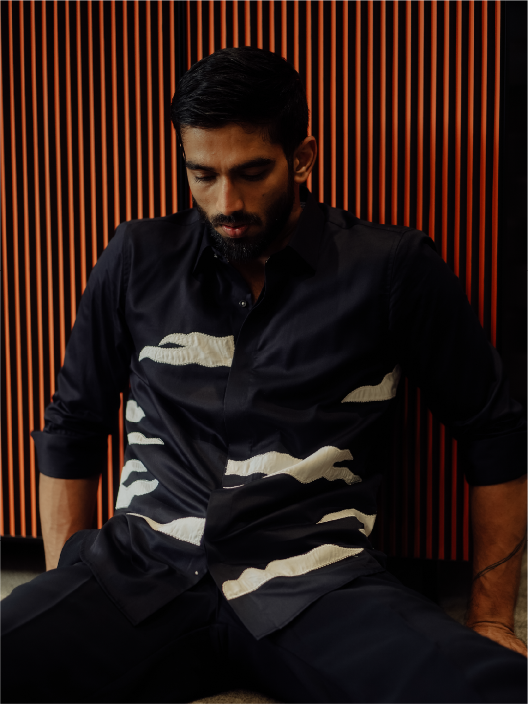 Navy Blue Abstract Embroidered Slim Fit Cotton Full Sleeve Shirt