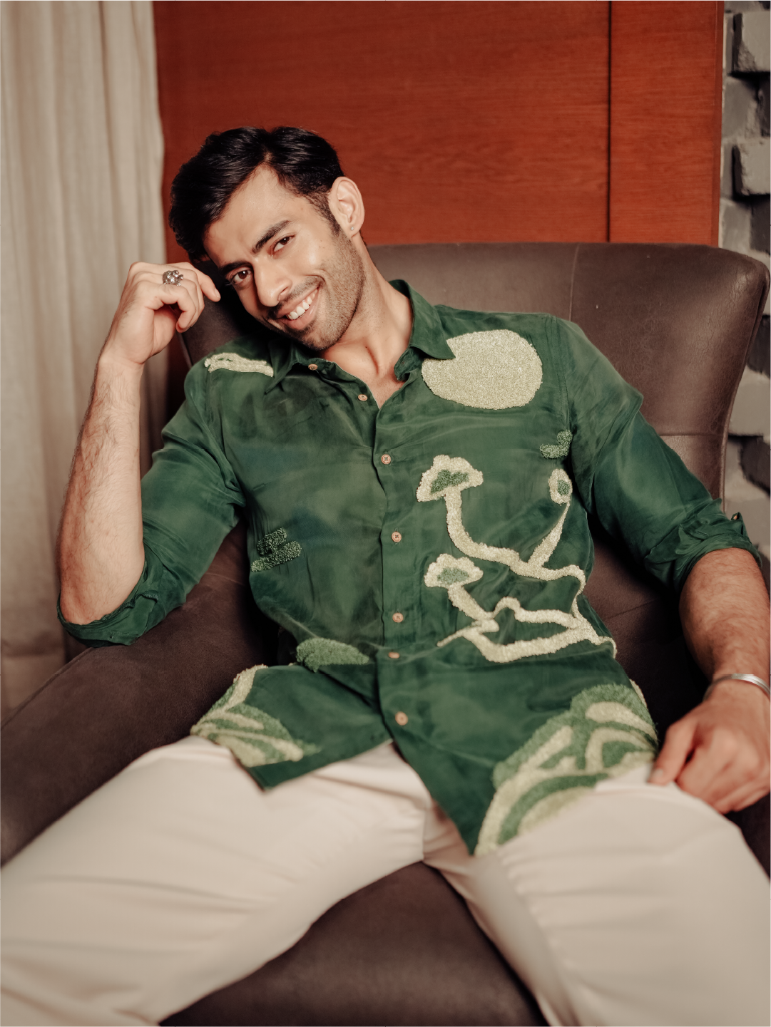 Forest Green Textured Embroidered Slim Fit Cupro Full Sleeve Shirt