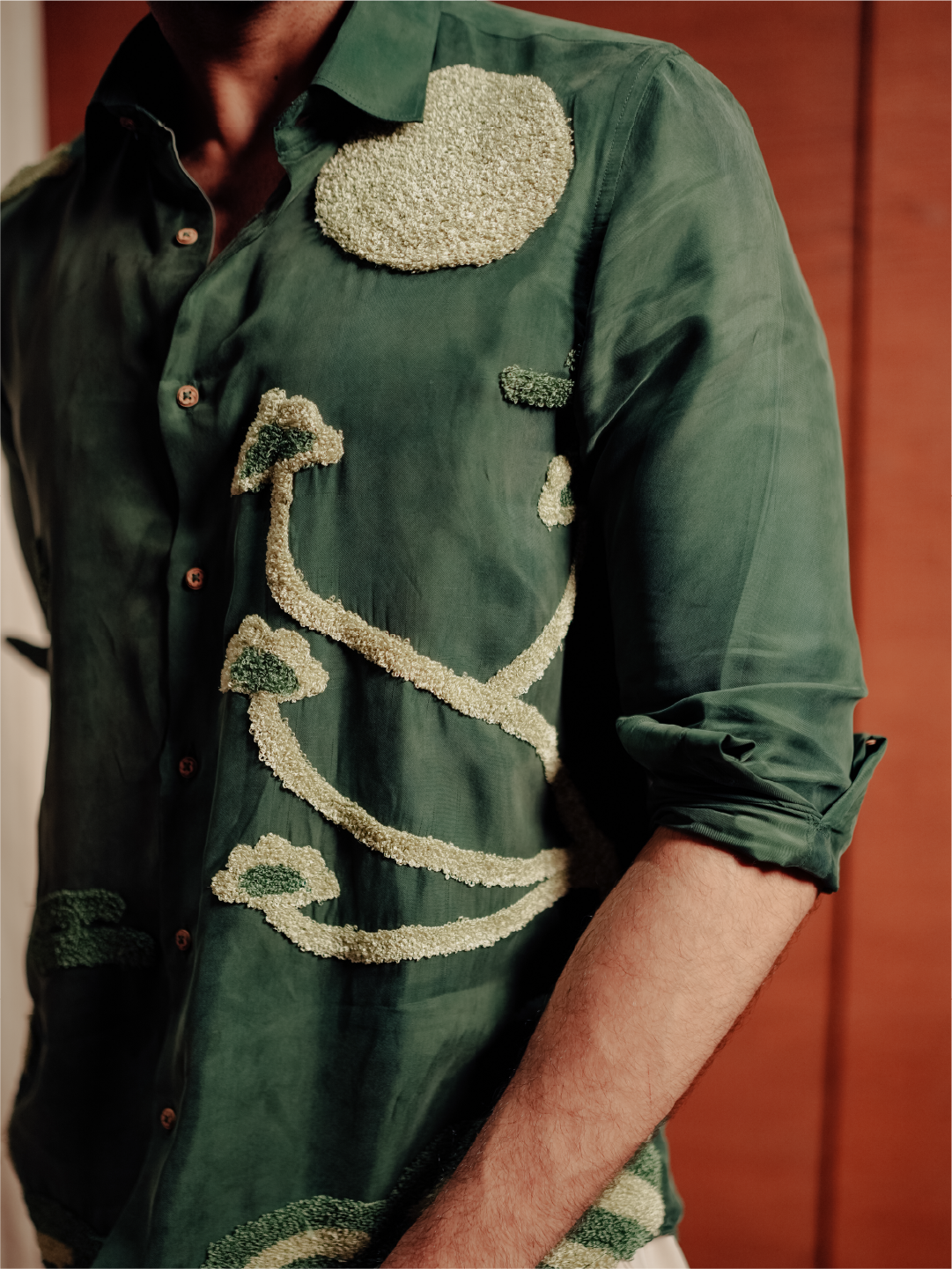 Forest Green Textured Embroidered Slim Fit Cupro Full Sleeve Shirt