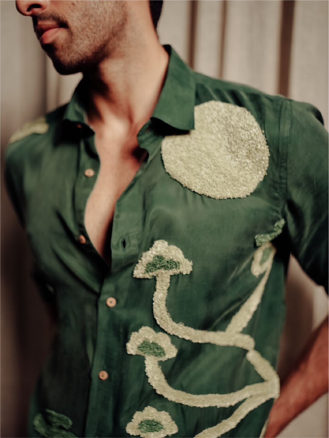 Forest Green Textured Embroidered Slim Fit Cupro Full Sleeve Shirt