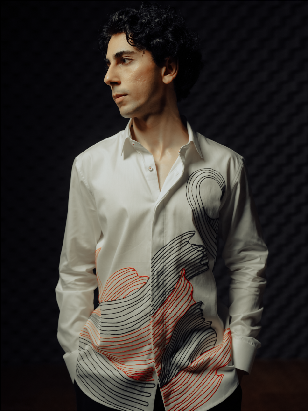 White Abstract Line Embroidered Slim Fit Cotton Full Sleeve Shirt