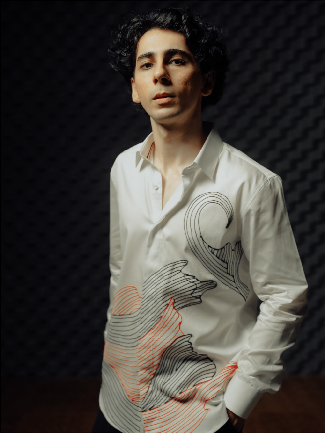 White Abstract Line Embroidered Slim Fit Cotton Full Sleeve Shirt
