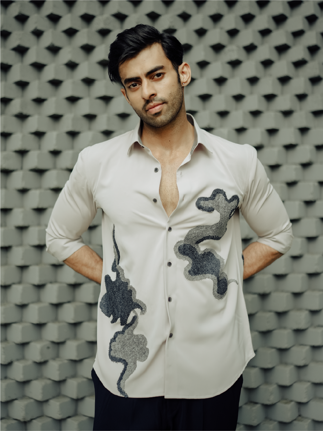 Beige Cloud Embroidered Slim Fit Polyester Full Sleeve Shirt