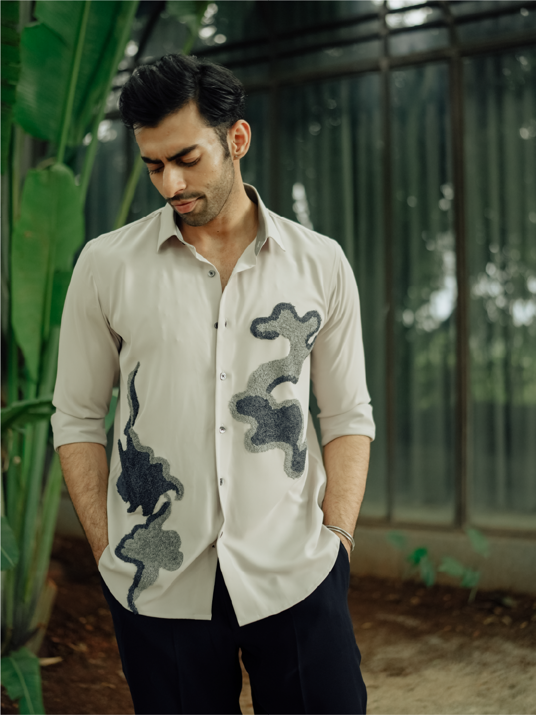 Beige Cloud Embroidered Slim Fit Polyester Full Sleeve Shirt
