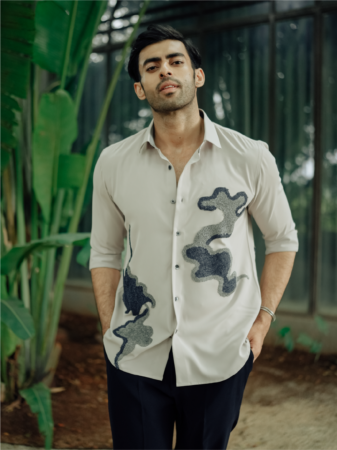 Beige Cloud Embroidered Slim Fit Polyester Full Sleeve Shirt