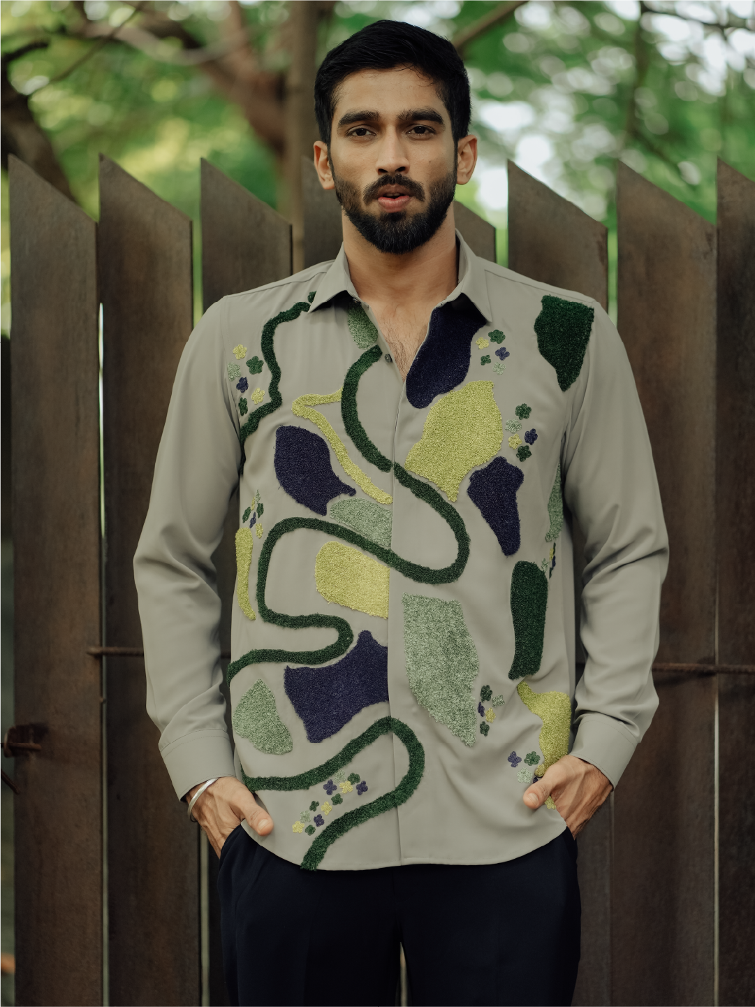 Dark Olive Abstract Embroidered Slim Fit Polyester Full Sleeve Shirt