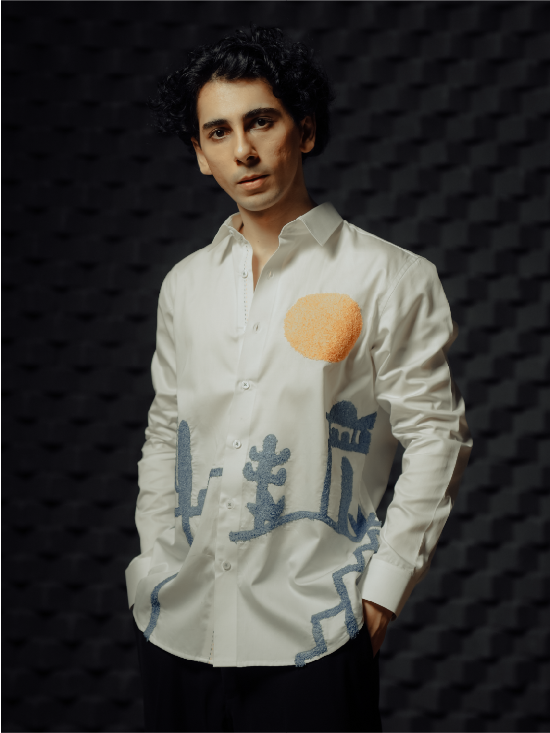 White Desert Landscape Embroidered Slim Fit Cotton Full Sleeve Shirt
