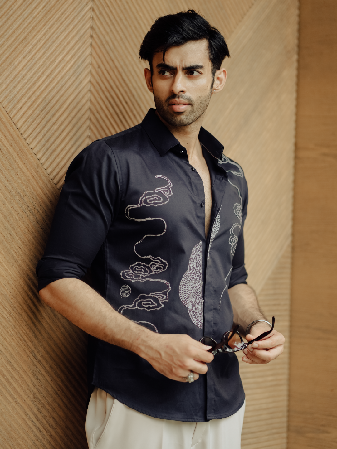 Navy Blue Embroidered Cotton Slim Fit Full Sleeve Shirt