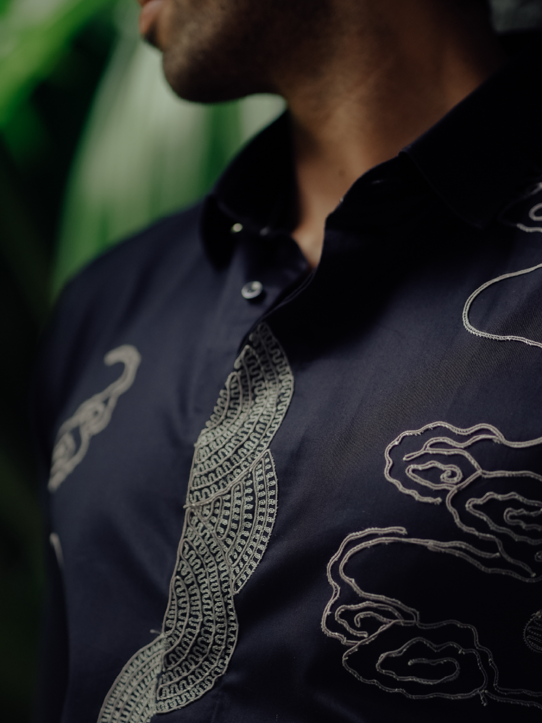 Navy Blue Embroidered Cotton Slim Fit Full Sleeve Shirt