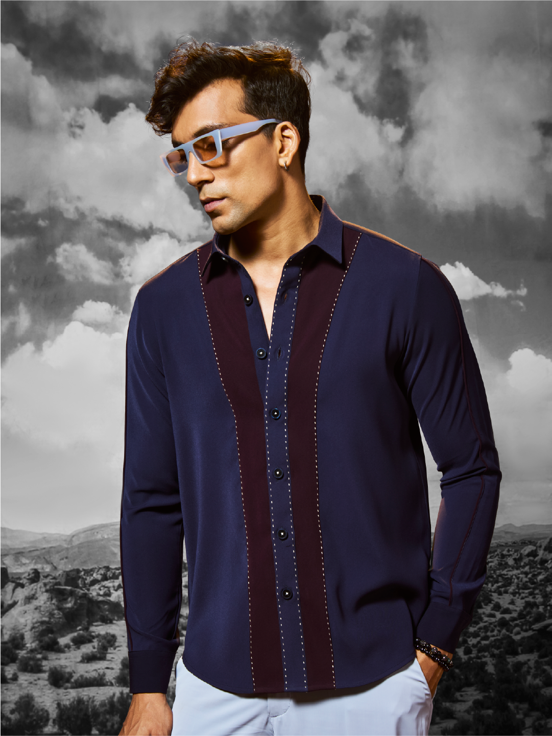 Navy & Burgundy Panelled Slim Fit Bomario Full Sleeve Shirt