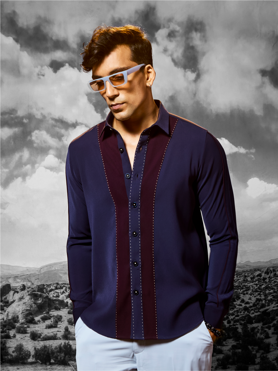 Navy & Burgundy Panelled Slim Fit Bomario Full Sleeve Shirt