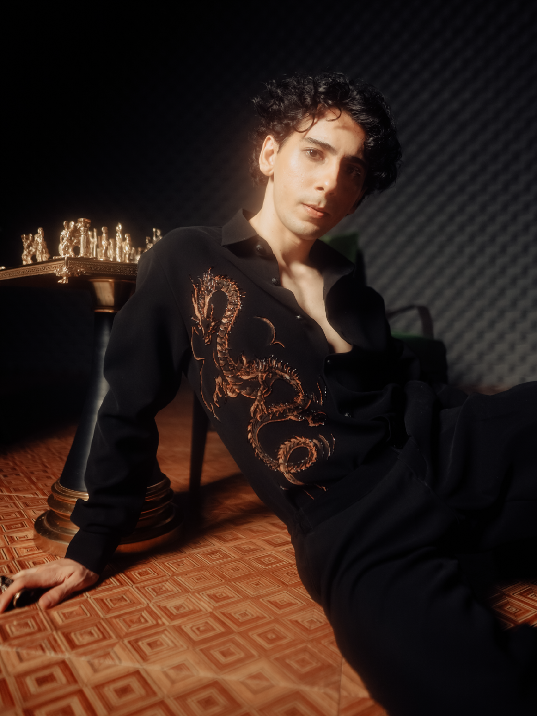Black Dragon Hand-Print & Highlight Embroidered Slim Fit Bomario Full Sleeve Shirt
