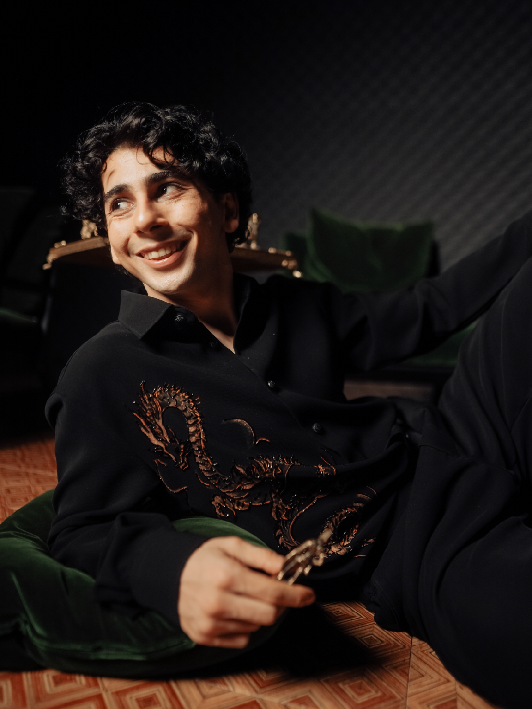 Black Dragon Hand-Print & Highlight Embroidered Slim Fit Bomario Full Sleeve Shirt
