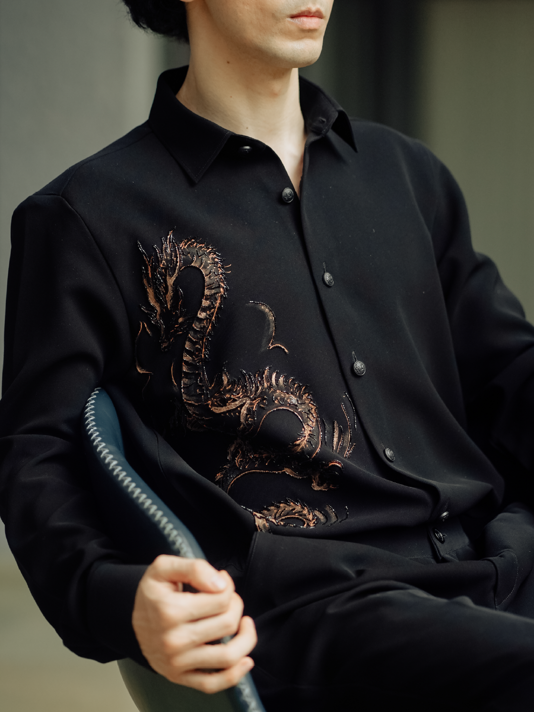 Black Dragon Hand-Print & Highlight Embroidered Slim Fit Bomario Full Sleeve Shirt