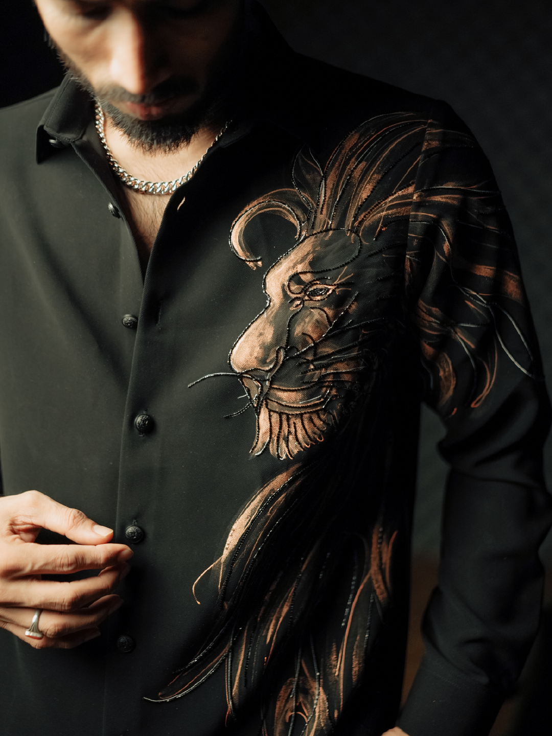 Black Lion Hand-Print & Highlight Embroidered Slim Fit Bomario Full Sleeve Shirt