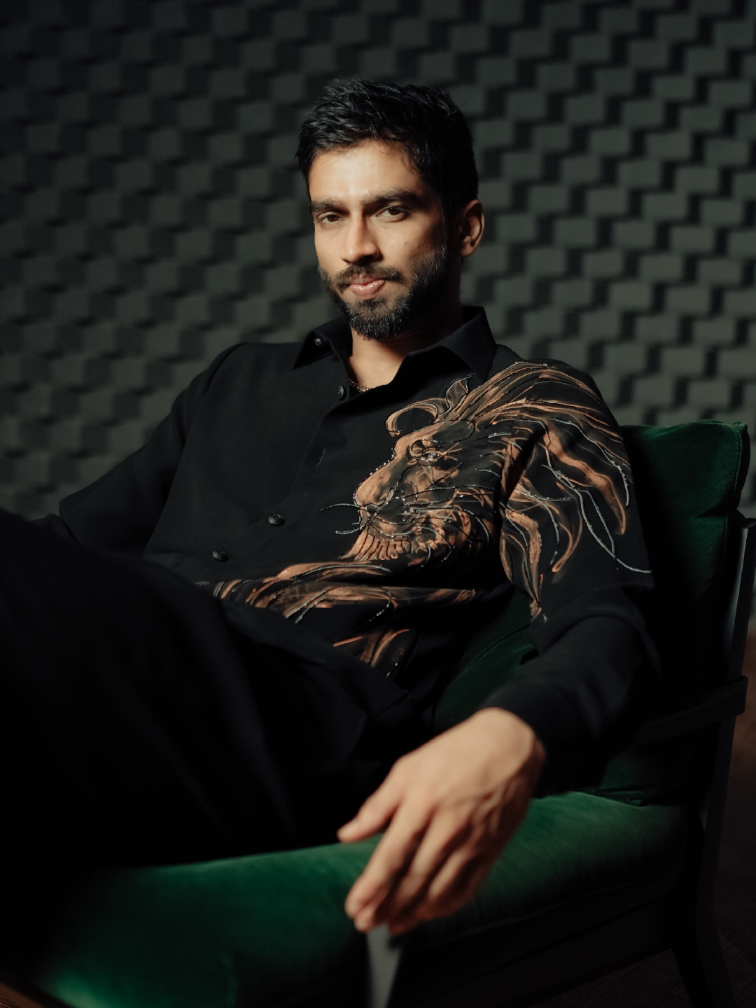 Black Lion Hand-Print & Highlight Embroidered Slim Fit Bomario Full Sleeve Shirt