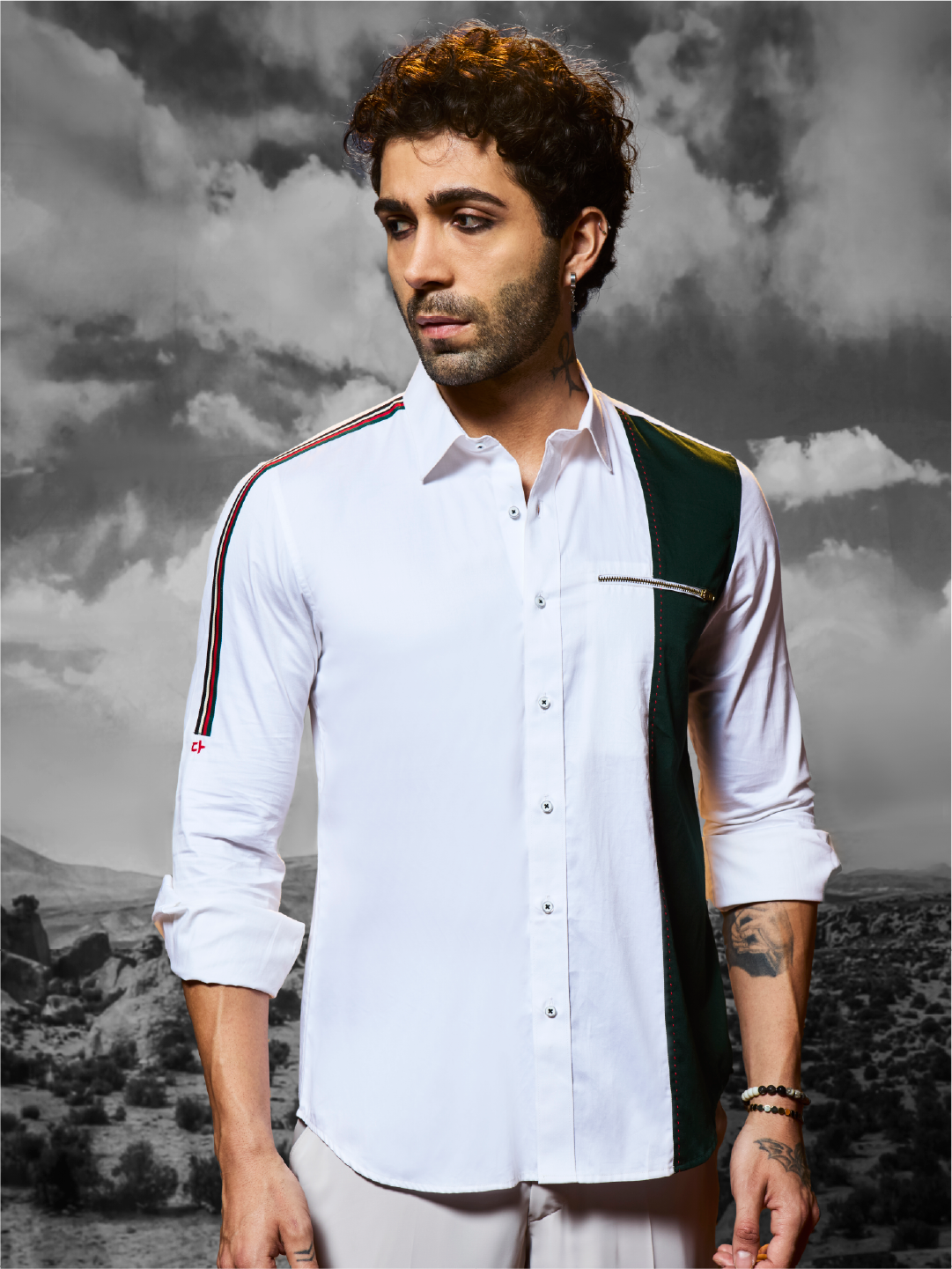 White Cotton Slim Fit Shirt with Green Panel & Striped Piping