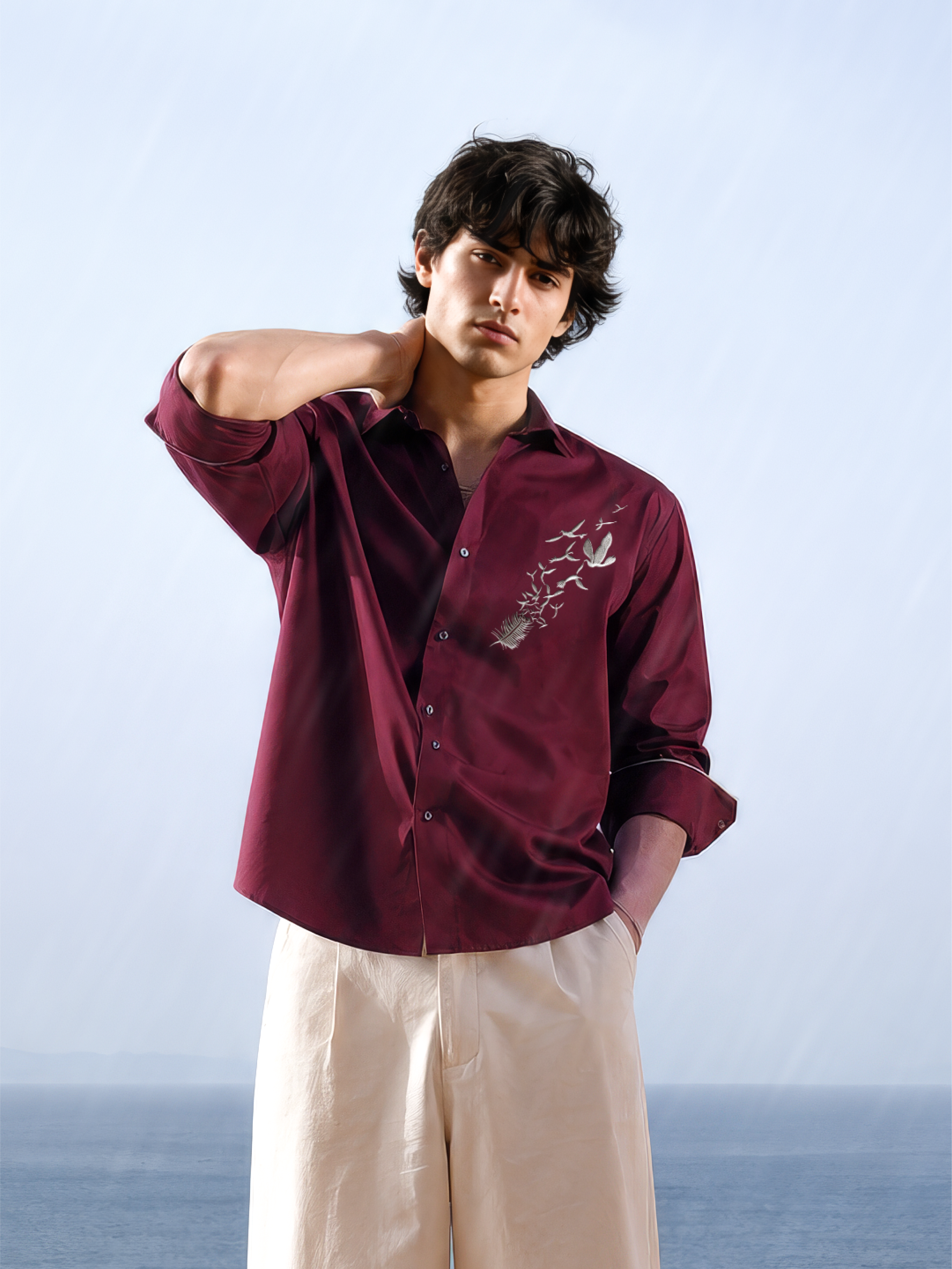 Maroon Slim Fit Cotton Shirt with Distinctive Embroideried Style