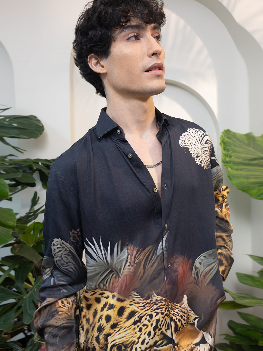 Navy Blue Jaguar & Jungle Print Full Sleeve Shirt