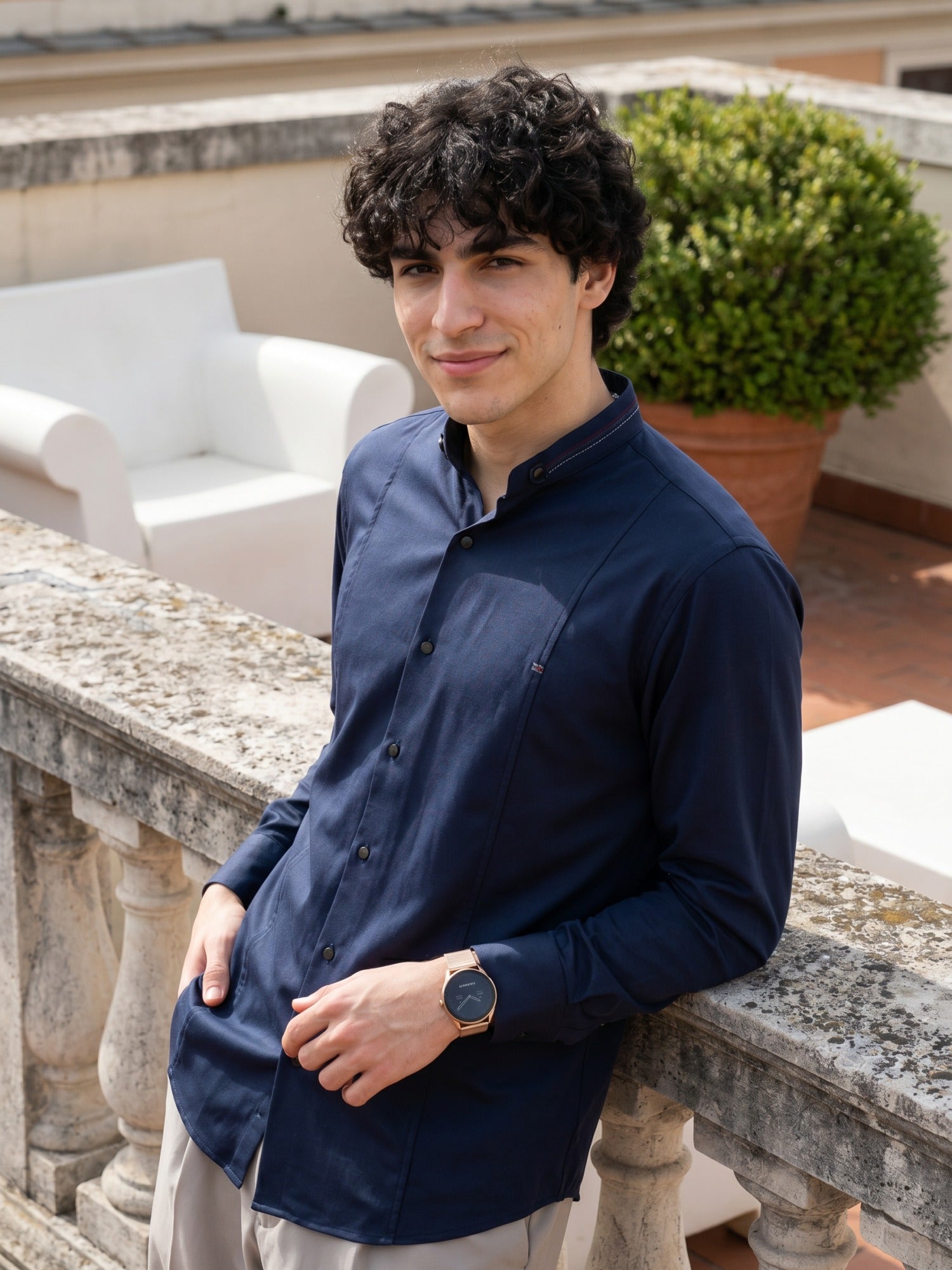 Navy Blue Designer Print Mandarin Collar Shirt For Men