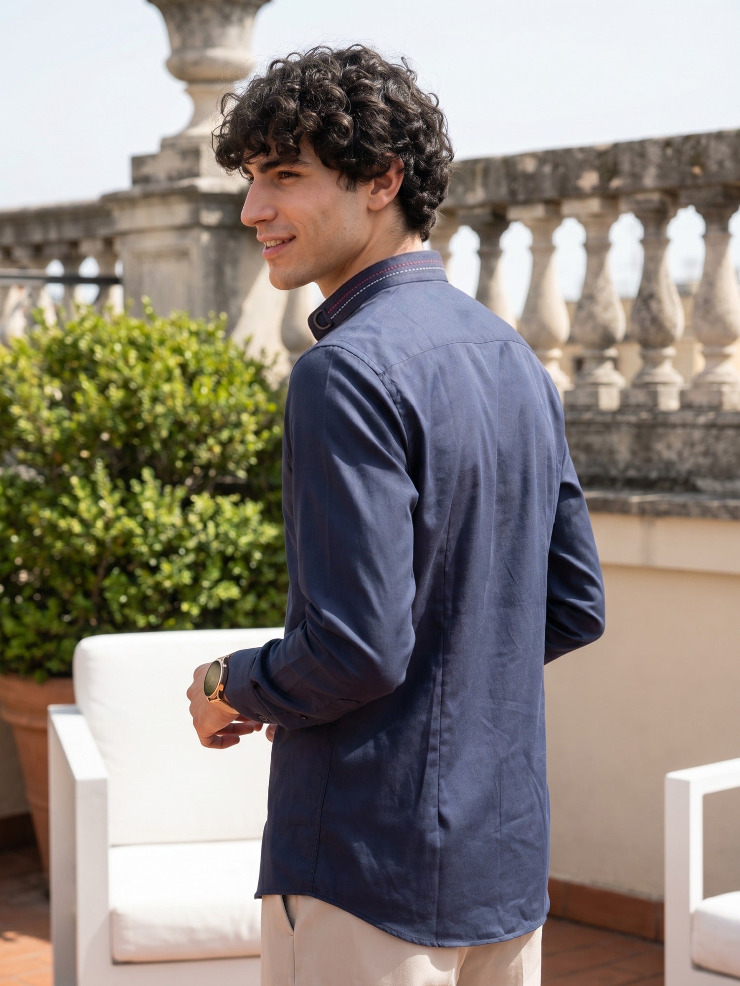 Navy Blue Designer Print Mandarin Collar Shirt For Men