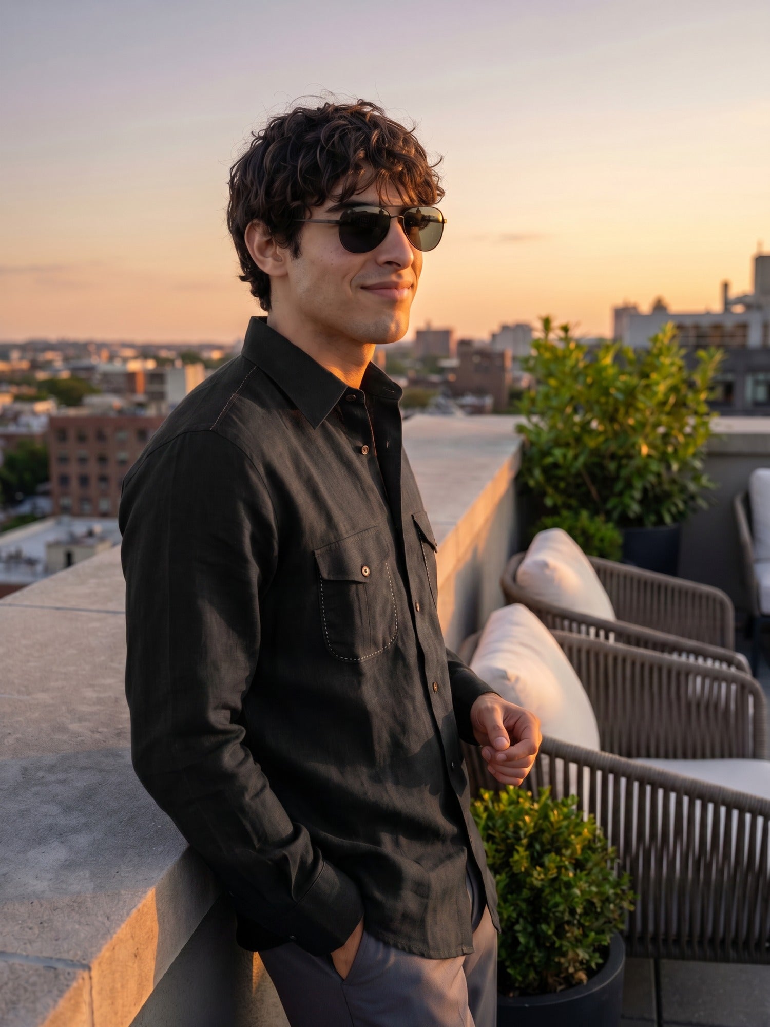 Black Double Pocket Embroidered Linen Shirt For Men