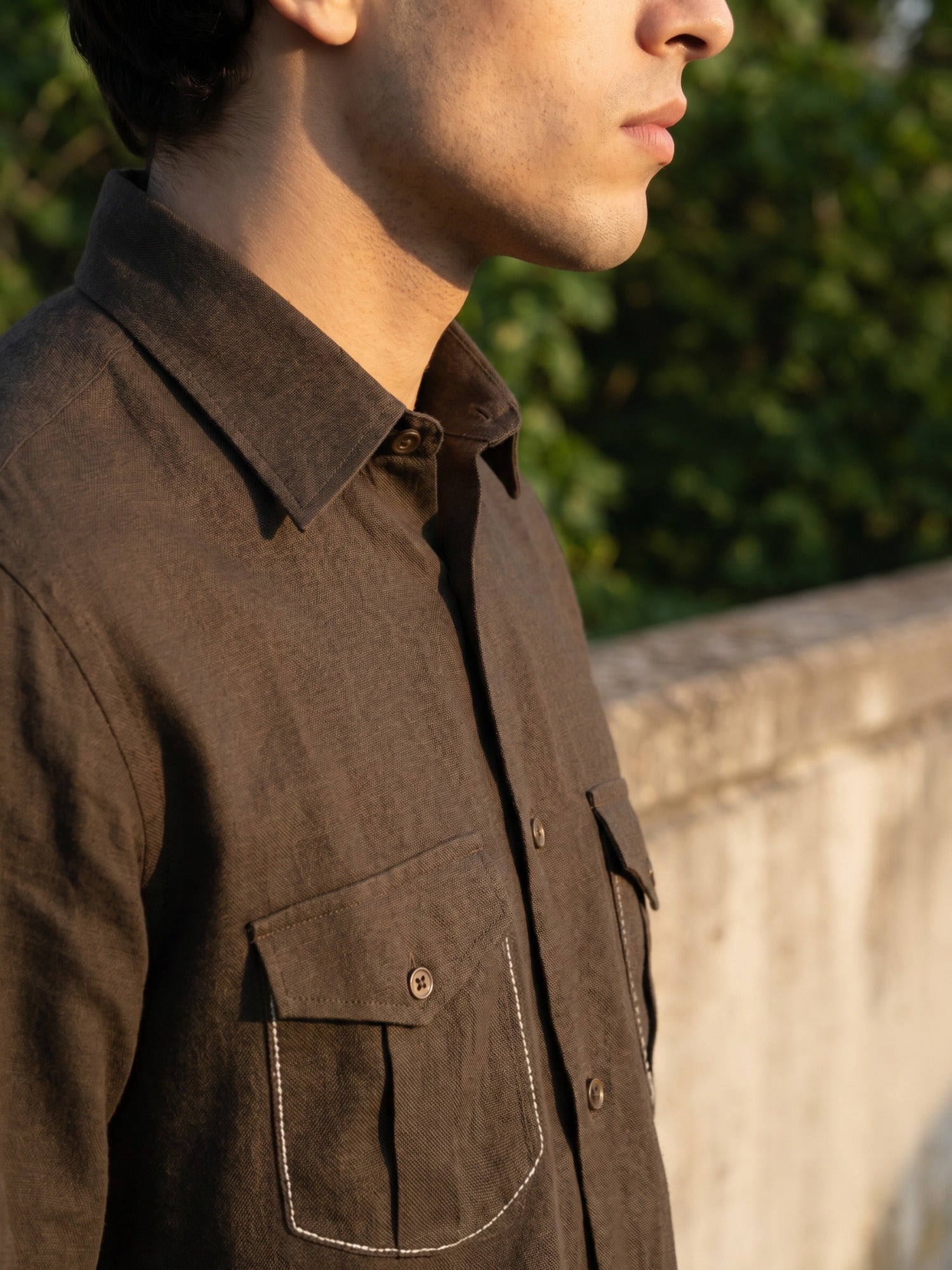Black Double Pocket Embroidered Linen Shirt For Men