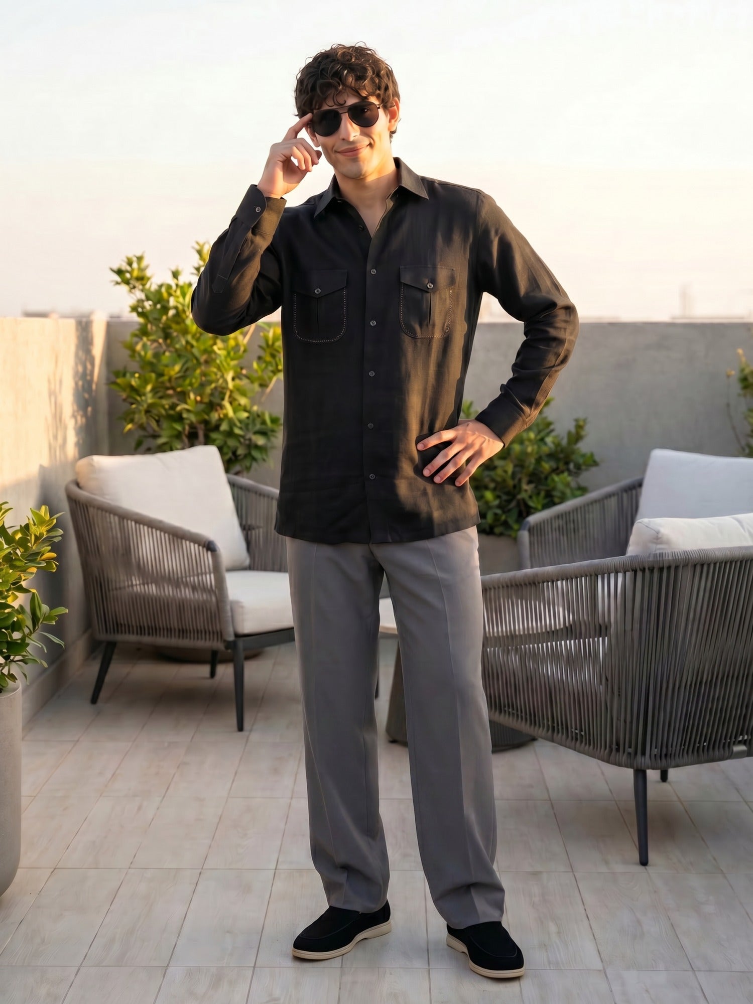 Black Double Pocket Embroidered Linen Shirt For Men