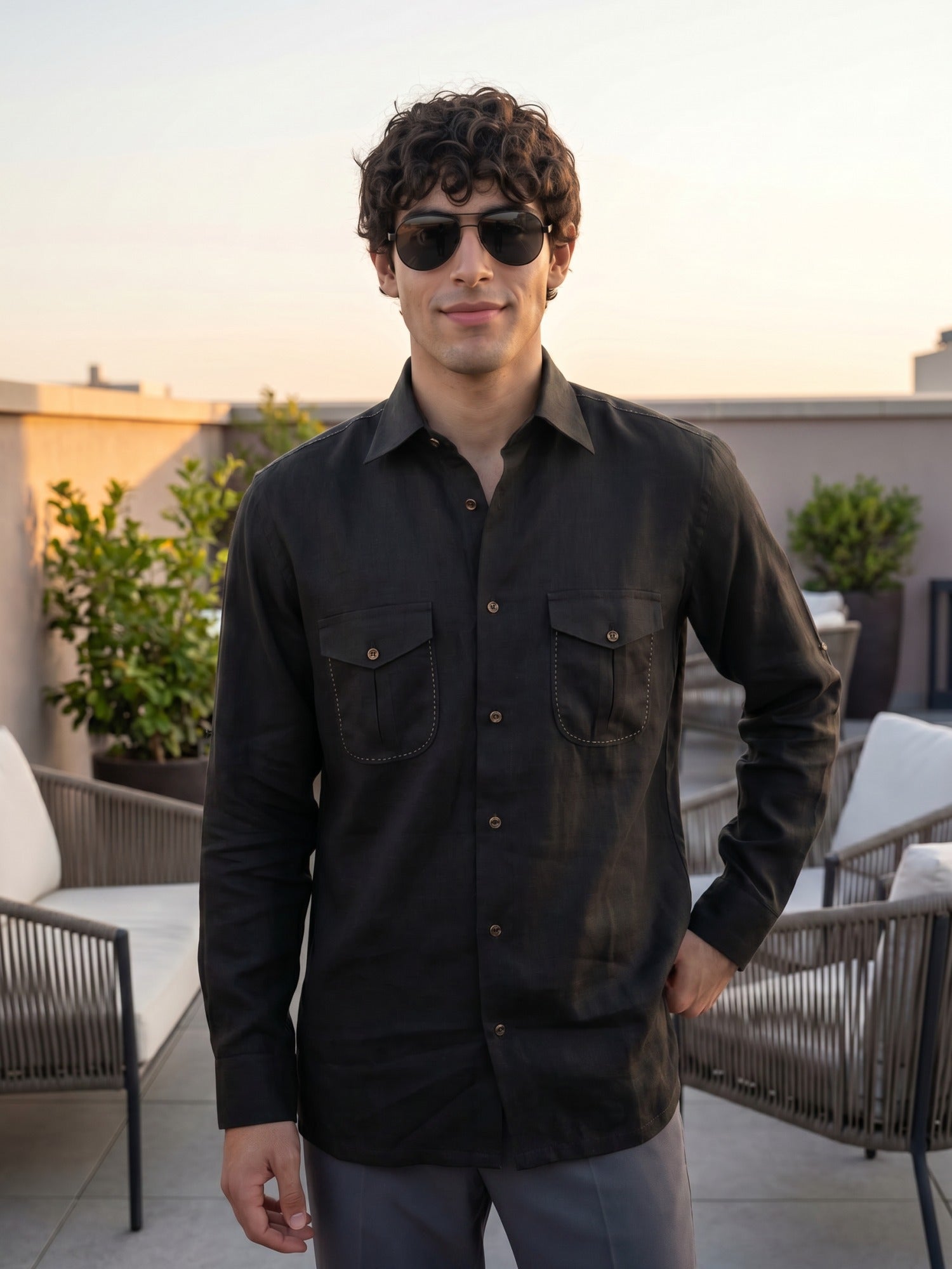 Black Double Pocket Embroidered Linen Shirt For Men