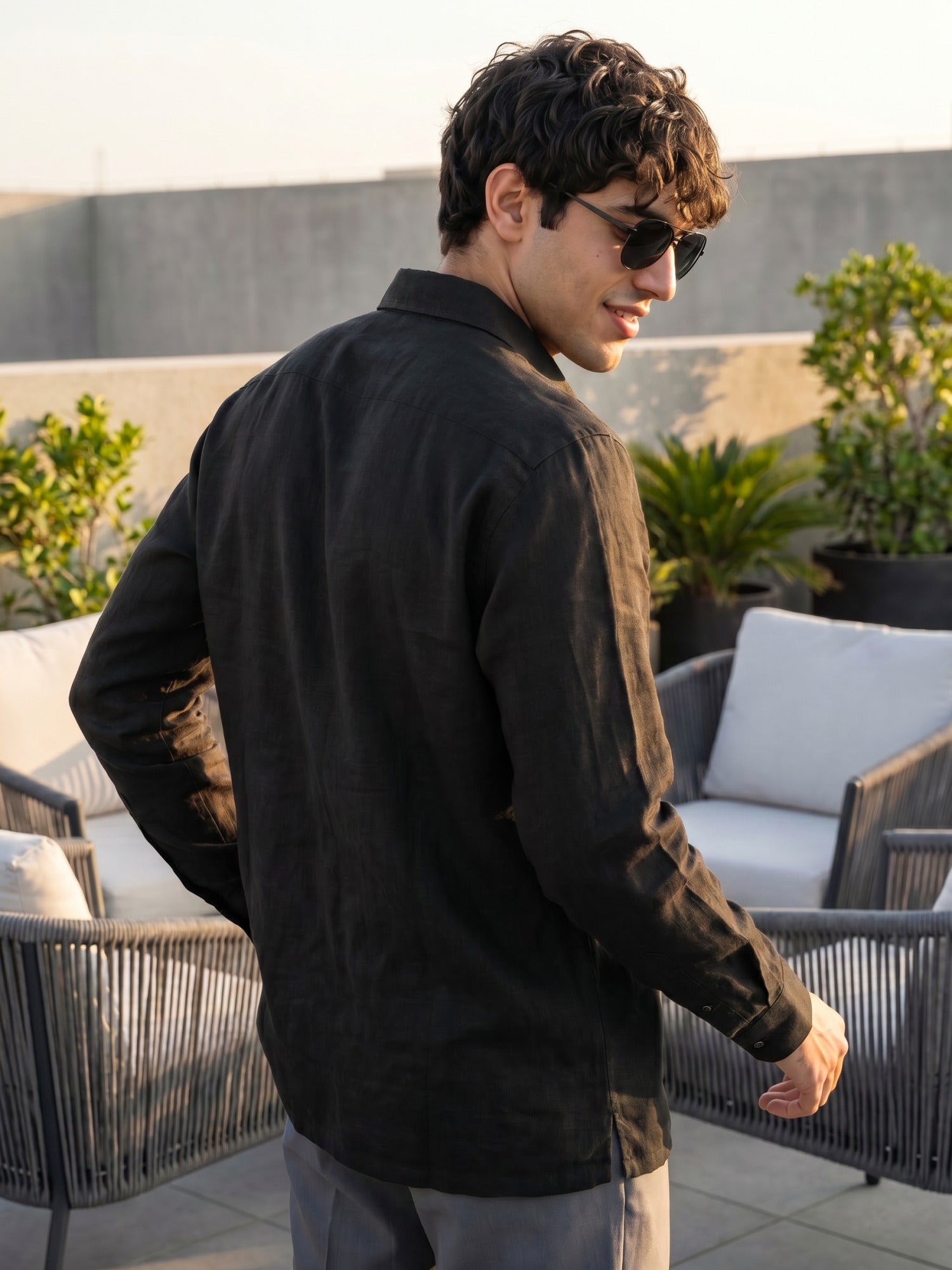 Black Double Pocket Embroidered Linen Shirt For Men