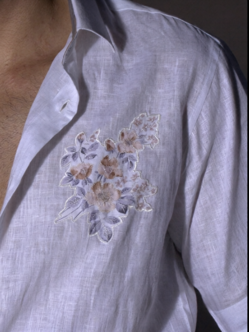 White Linen Shirt with Applique Work