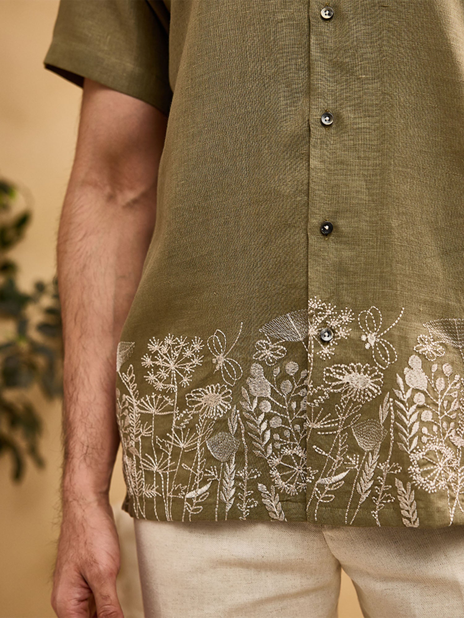 Olive Green with White Running Stitch Floral Embroidery Linen Cuban Regular Fit Shirt