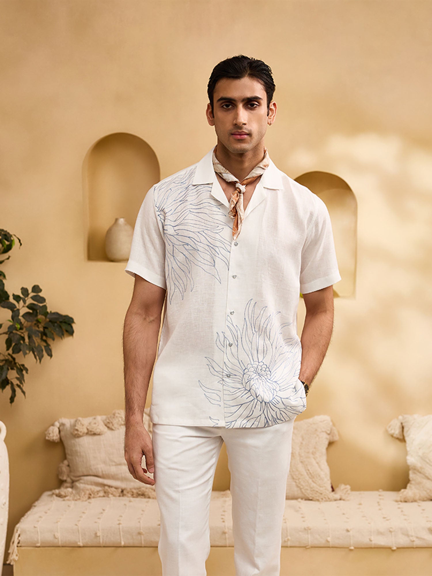 White with Blue Floral Embroidery Linen Cuban Regular Fit Shirt
