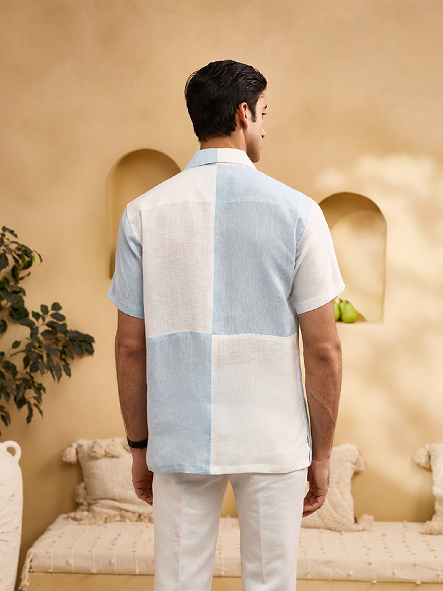 Blue and White Minimal Floral Embroidery Linen Cuban Regular Fit Shirt