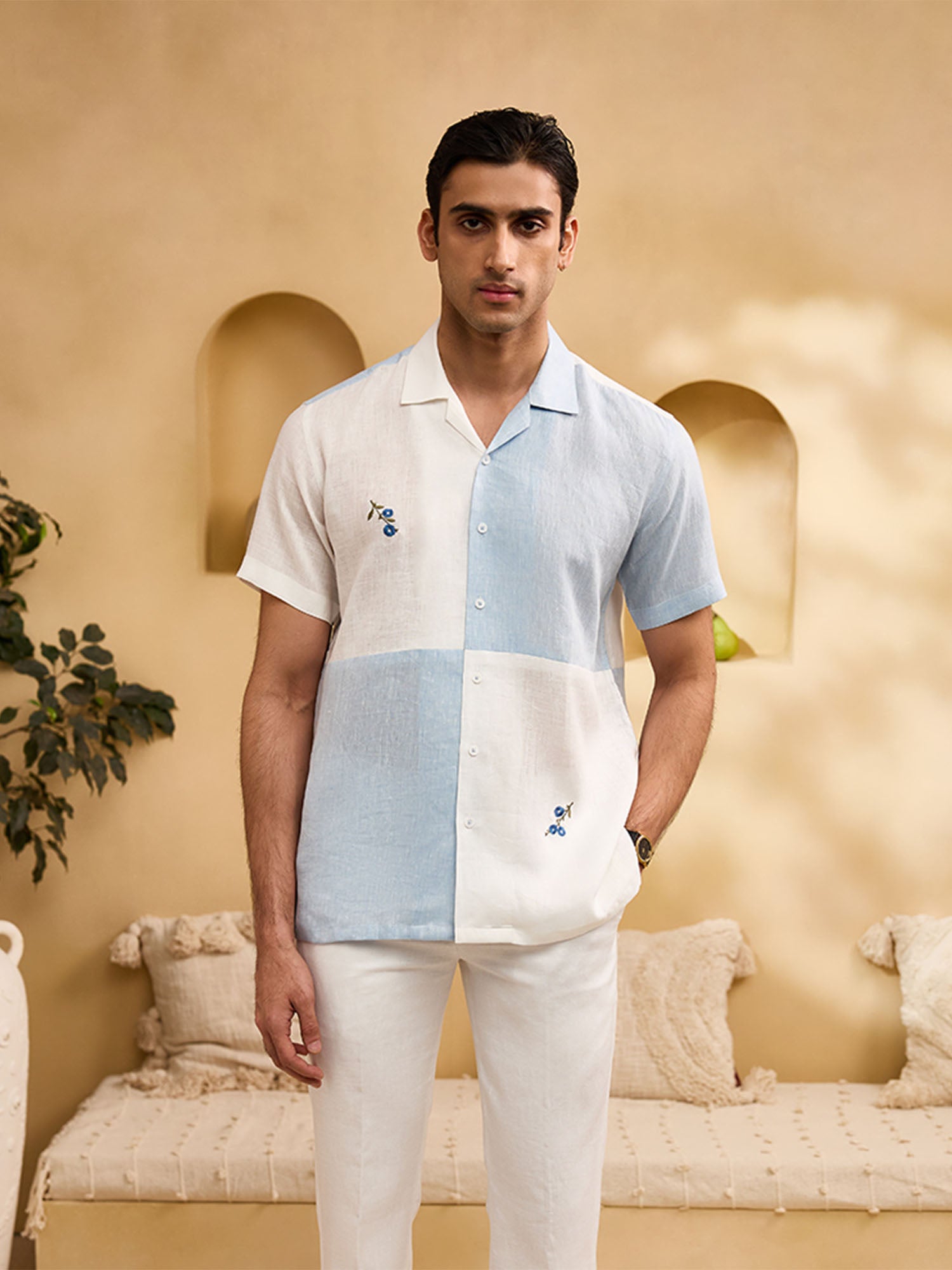 Blue and White Minimal Floral Embroidery Linen Cuban Regular Fit Shirt