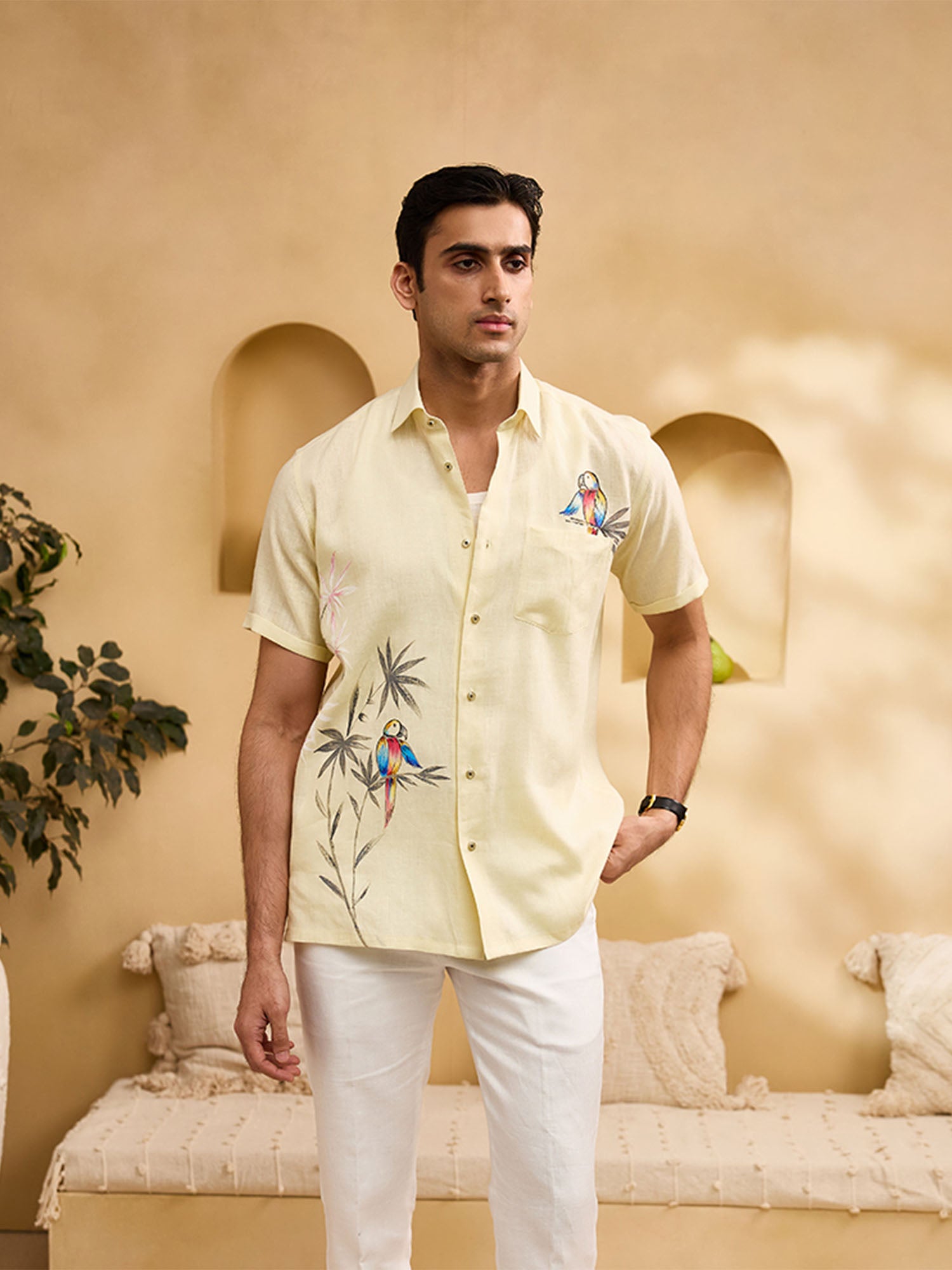 Pastel Yellow Flora & Fauna Hand-Painted Linen Regular Fit Shirt