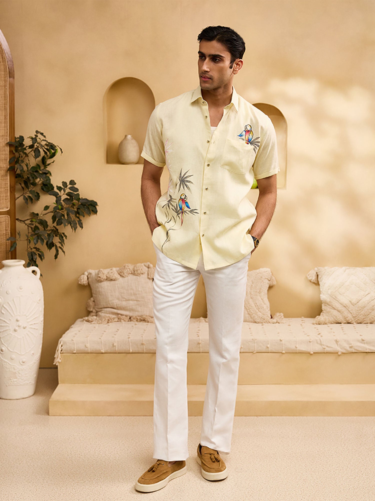 Pastel Yellow Flora & Fauna Hand-Painted Linen Regular Fit Shirt