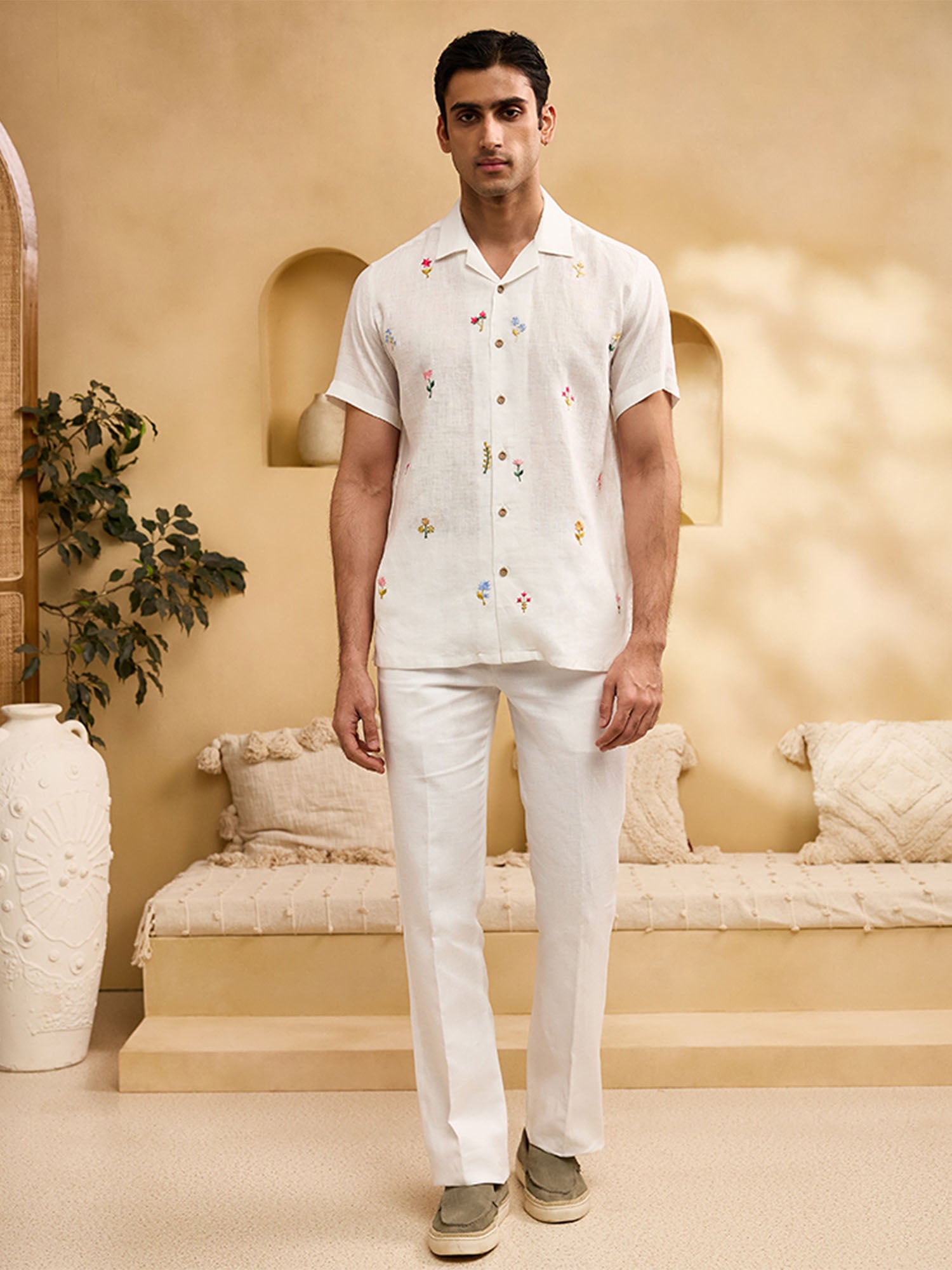 White with Coloured Minimal Floral Embroidery Linen Regular Fit Shirt