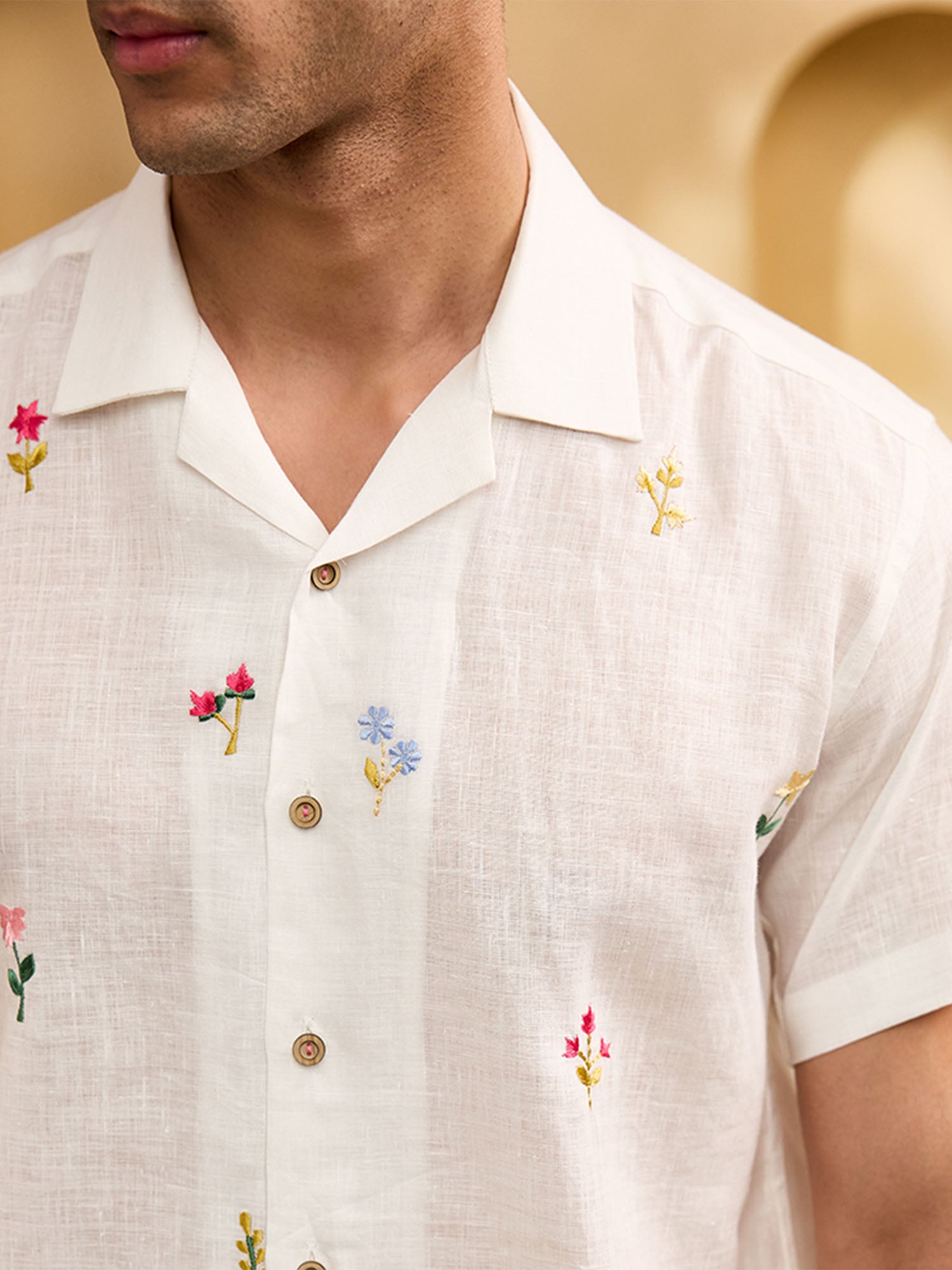 White with Coloured Minimal Floral Embroidery Linen Regular Fit Shirt