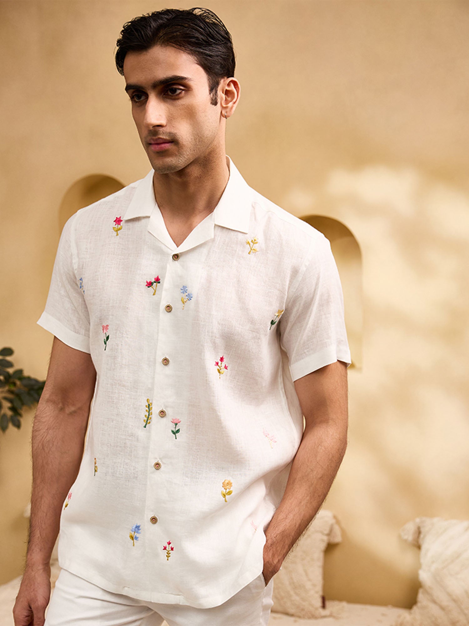 White with Coloured Minimal Floral Embroidery Linen Regular Fit Shirt