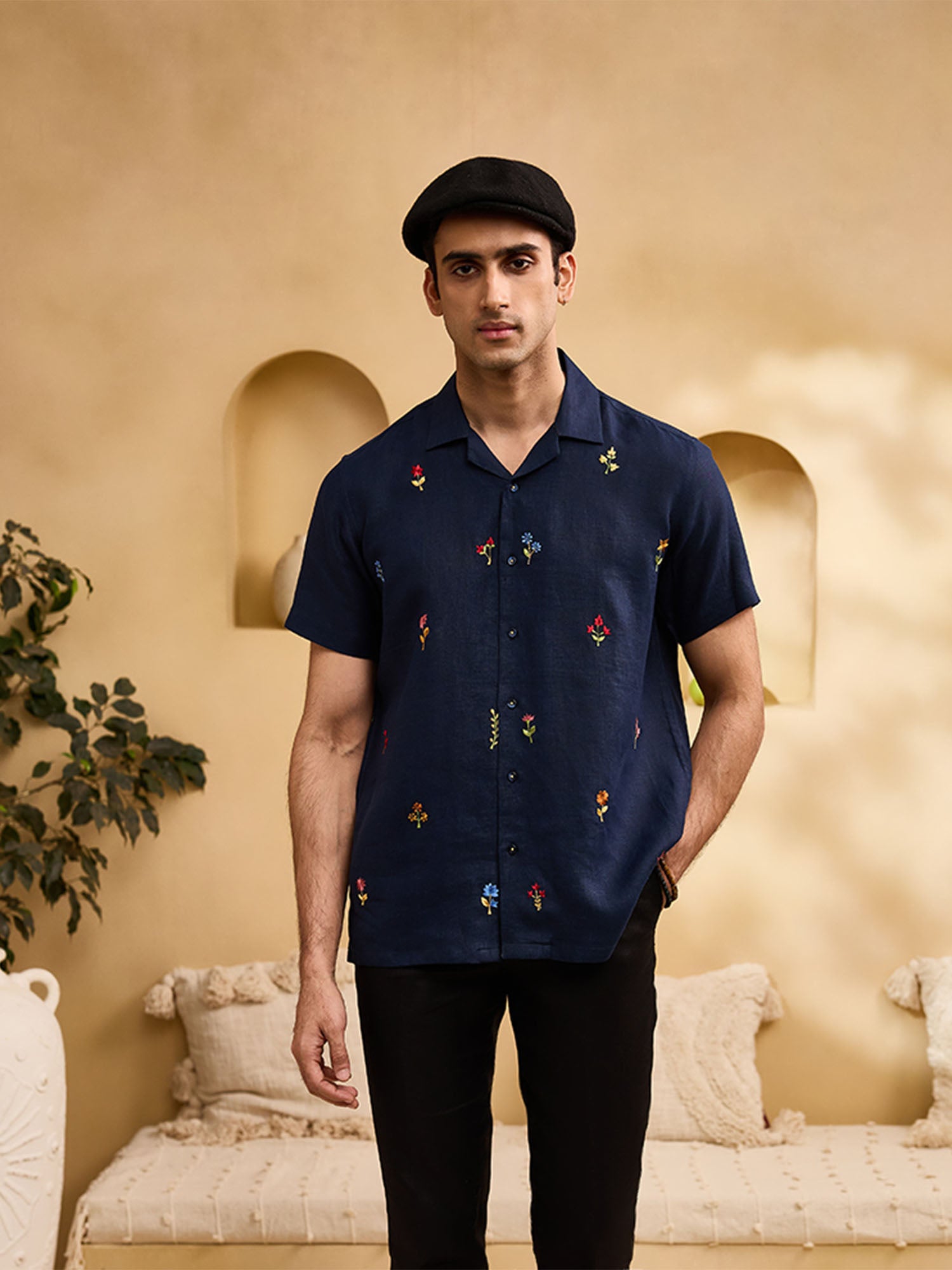 Navy Blue with Minimal Coloured Floral Embroidery Linen Cuban Regular Fit Shirt