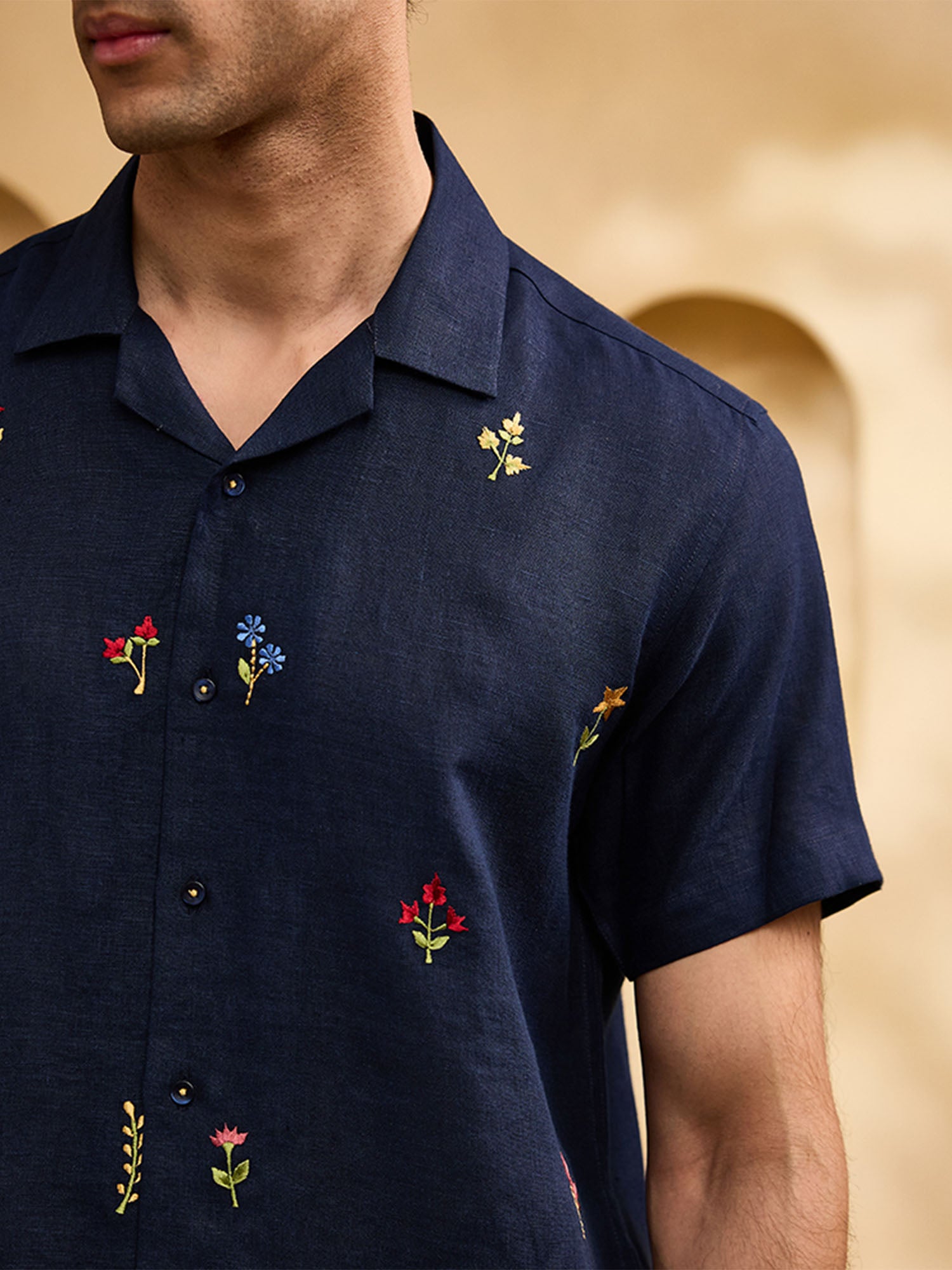 Navy Blue with Minimal Coloured Floral Embroidery Linen Cuban Regular Fit Shirt