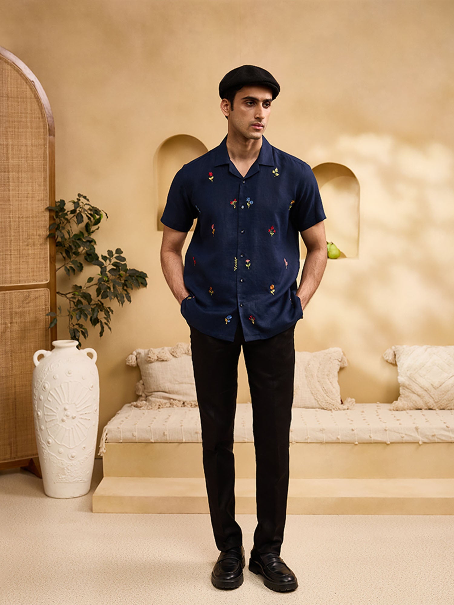 Navy Blue with Minimal Coloured Floral Embroidery Linen Cuban Regular Fit Shirt