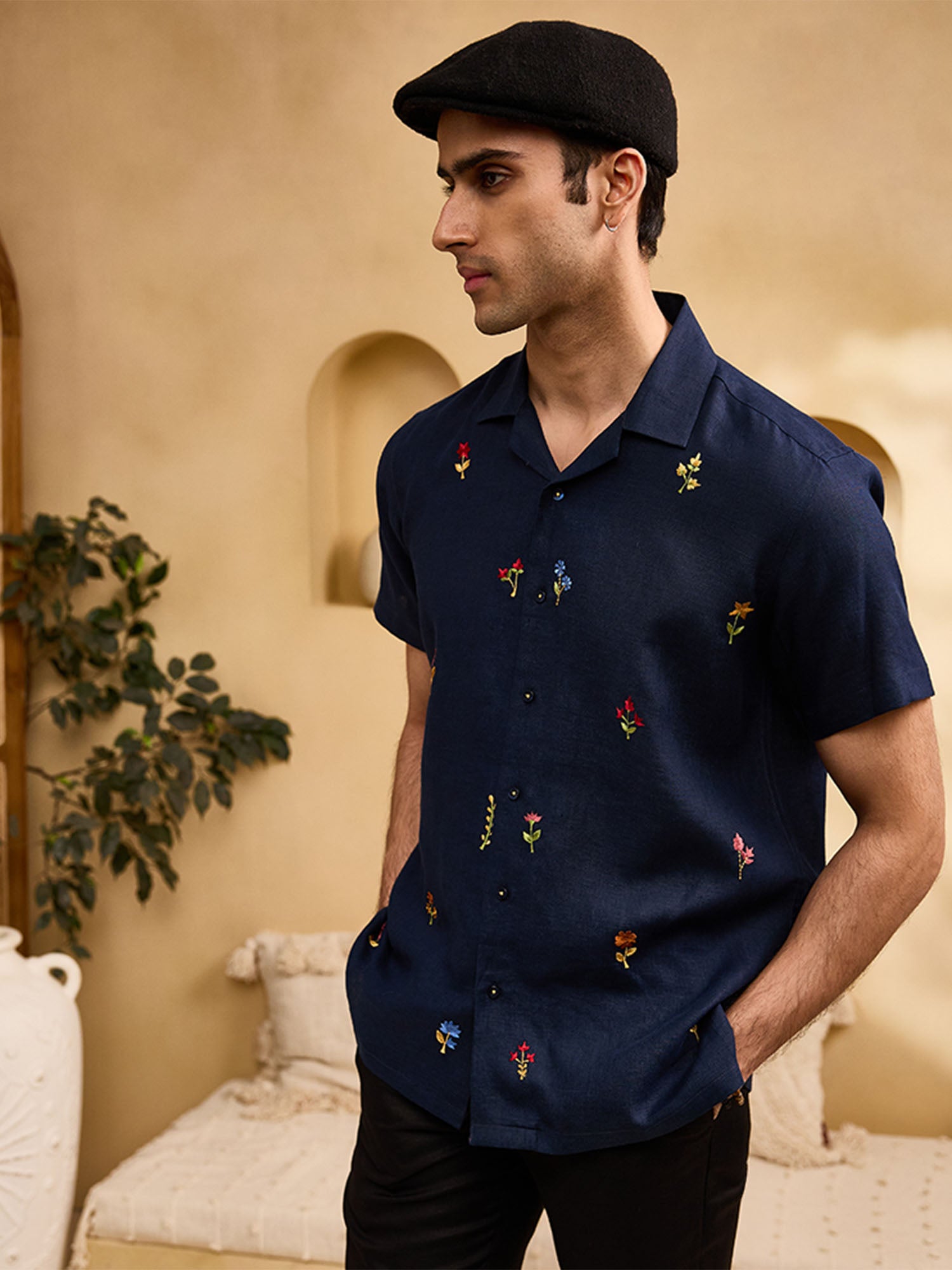 Navy Blue with Minimal Coloured Floral Embroidery Linen Cuban Regular Fit Shirt