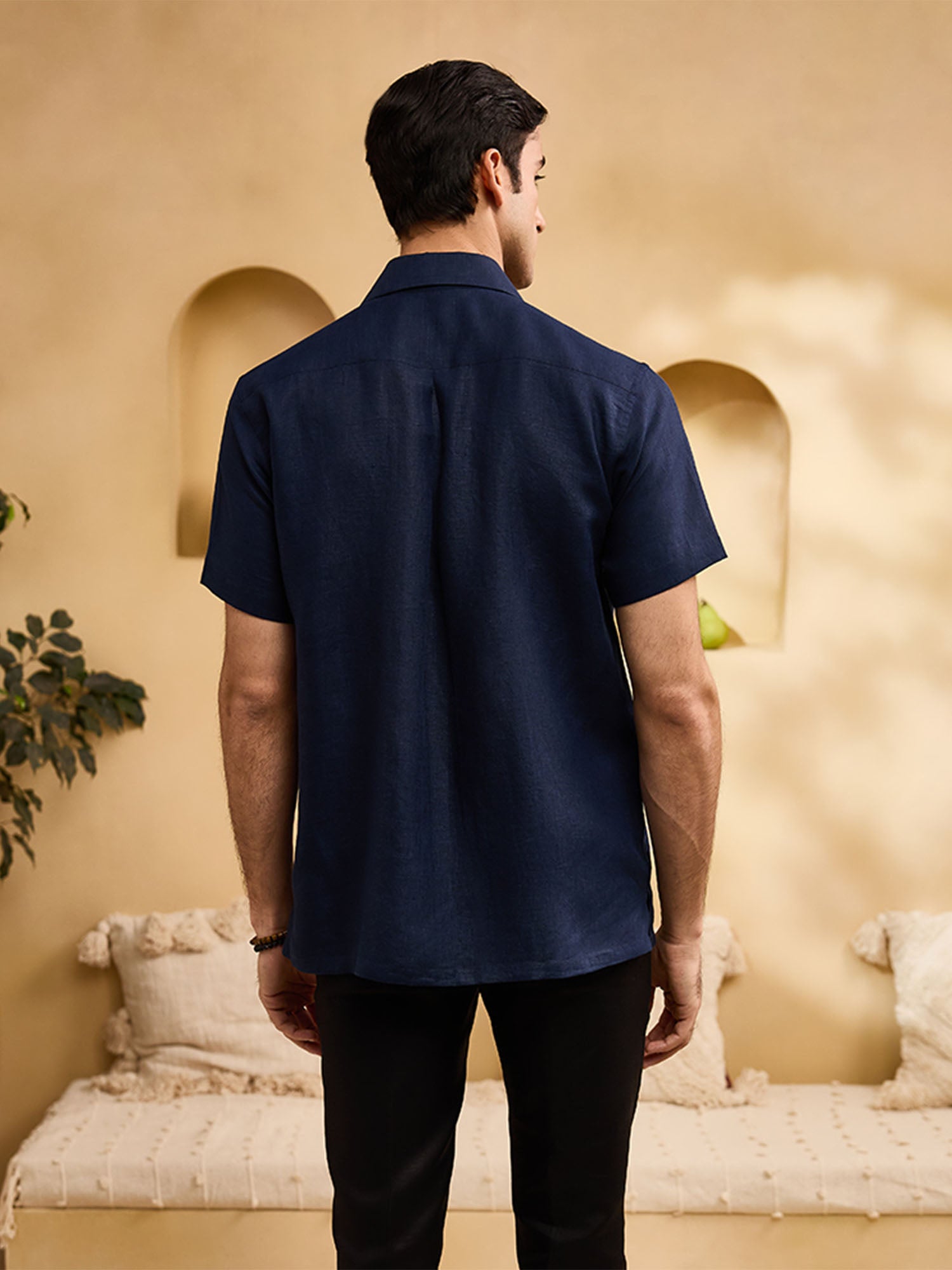 Navy Blue with Minimal Coloured Floral Embroidery Linen Cuban Regular Fit Shirt