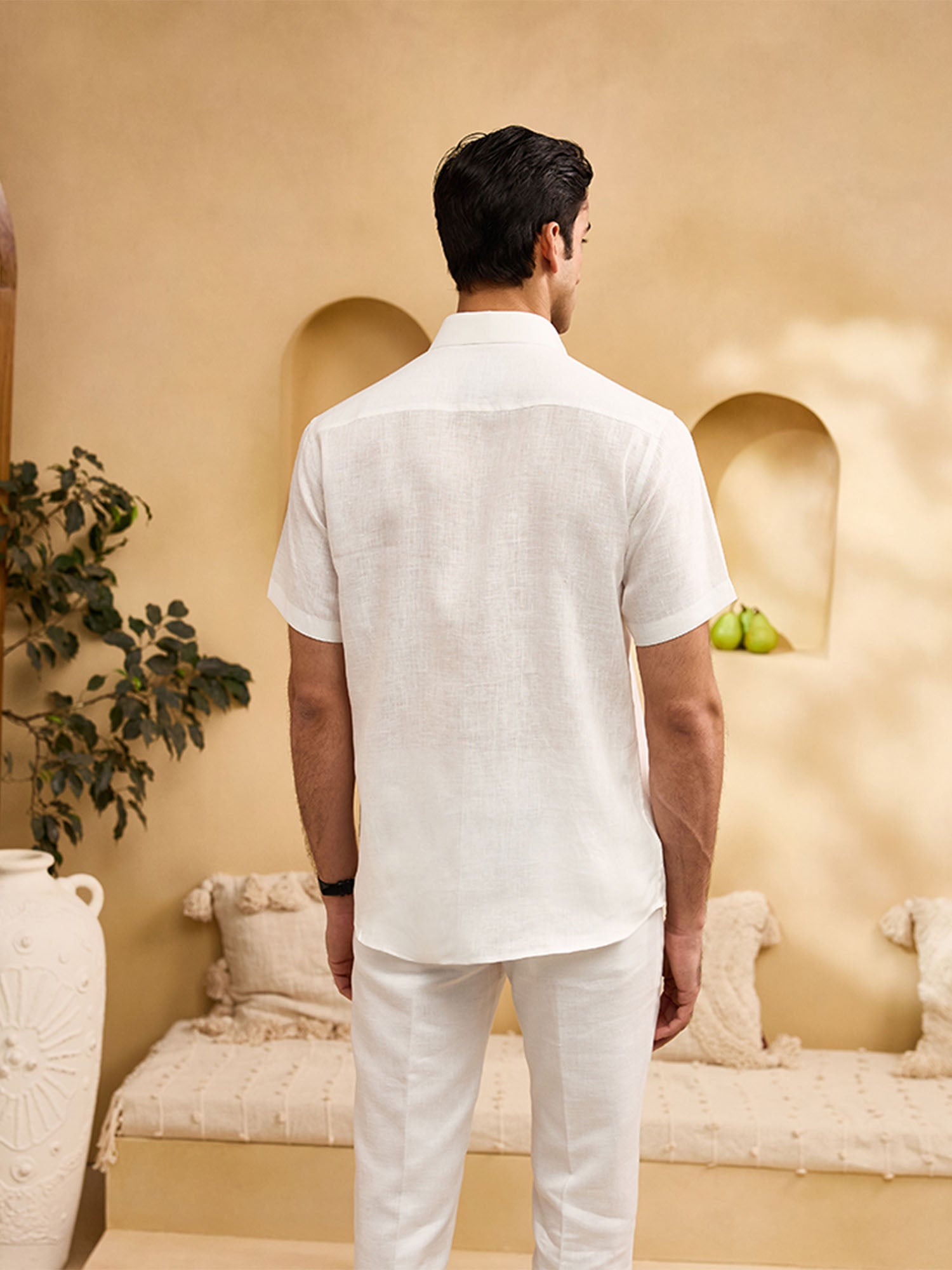 White with Minimal Black Floral Embroidery Linen Regular Fit Shirt