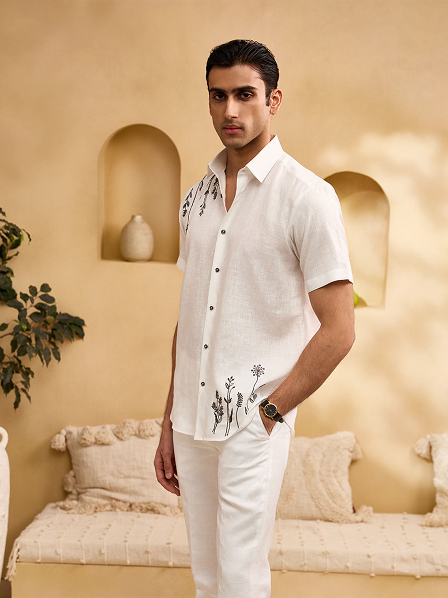 White with Minimal Black Floral Embroidery Linen Regular Fit Shirt