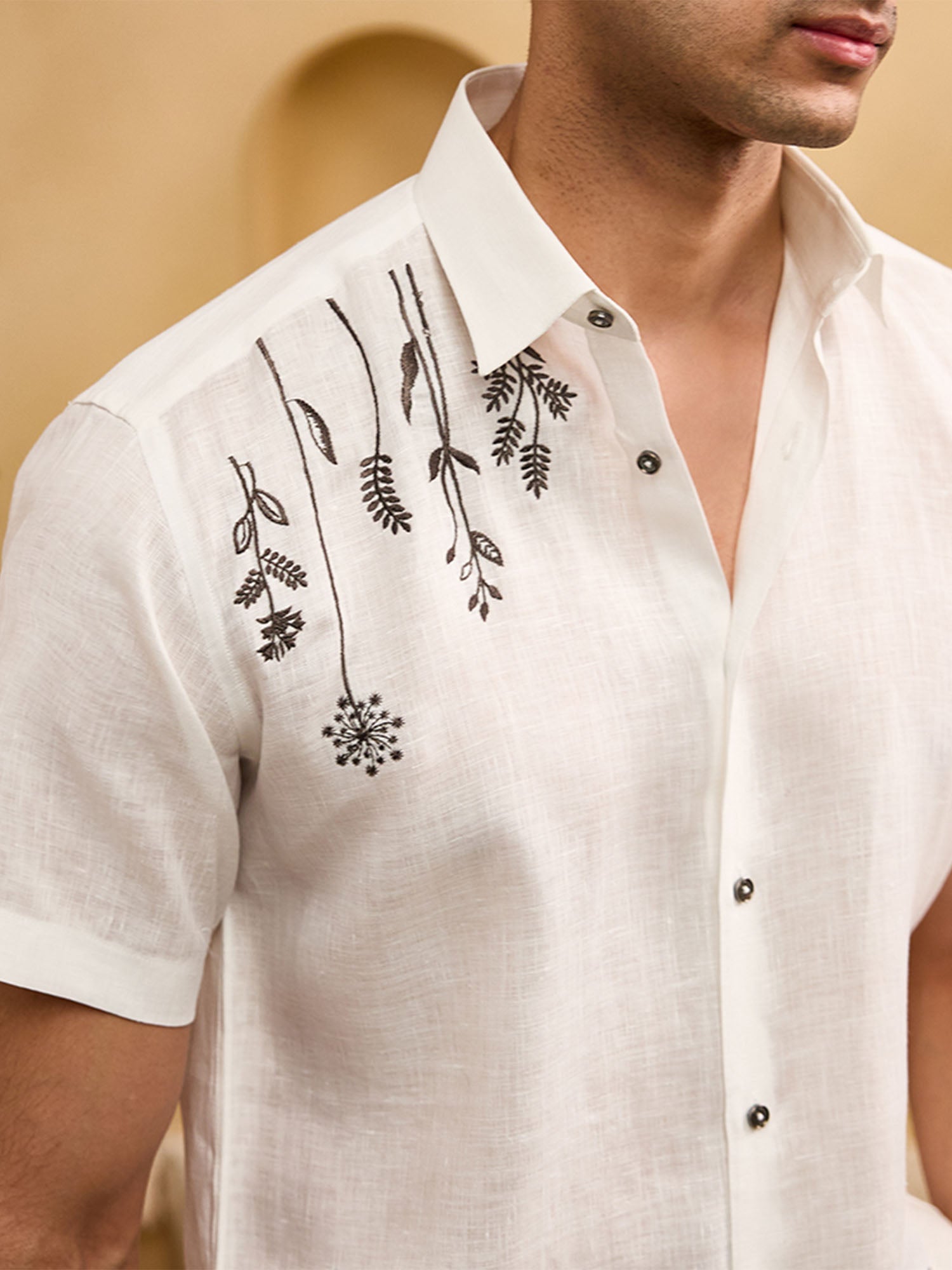 White with Minimal Black Floral Embroidery Linen Regular Fit Shirt