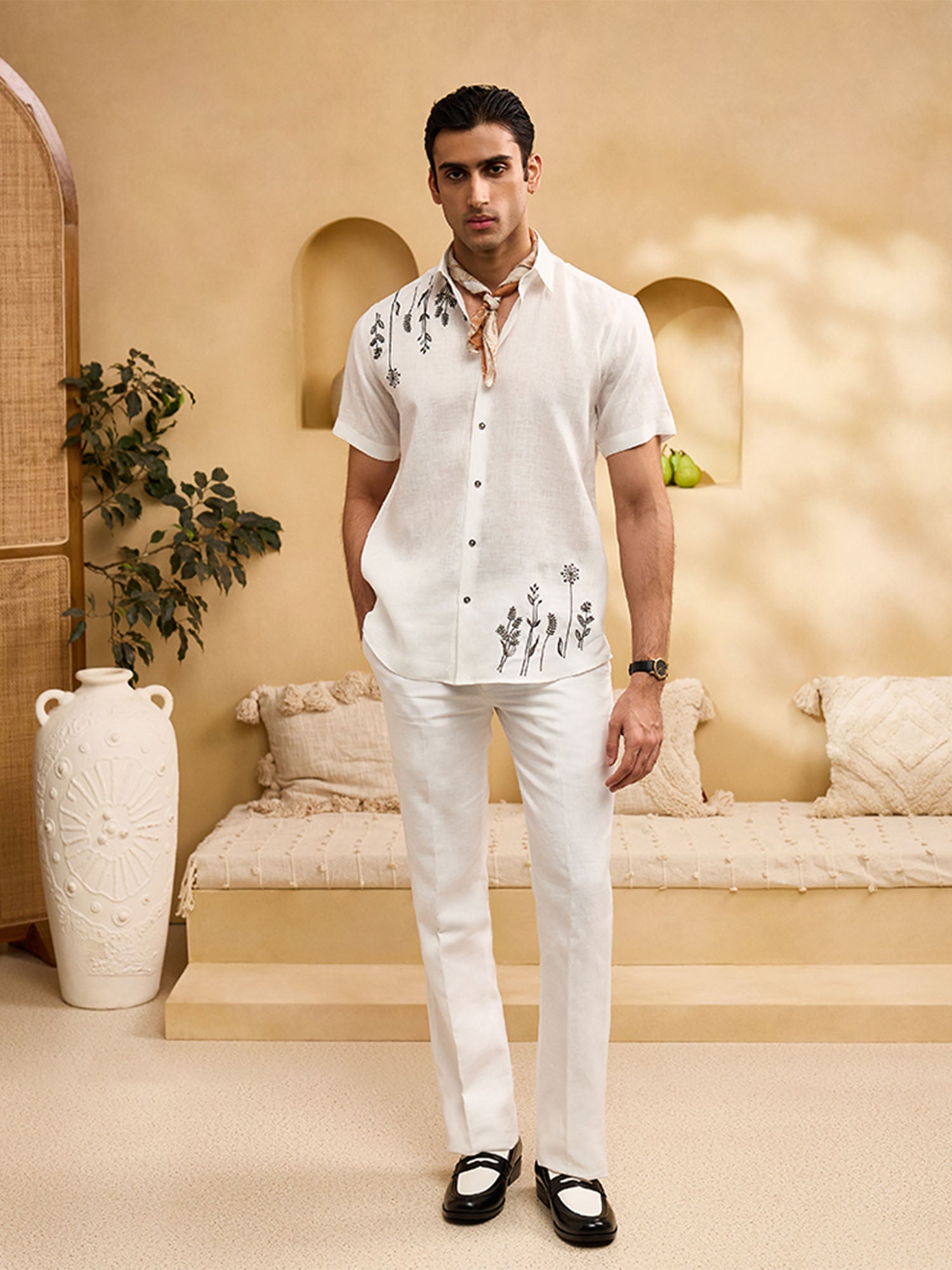 White with Minimal Black Floral Embroidery Linen Regular Fit Shirt